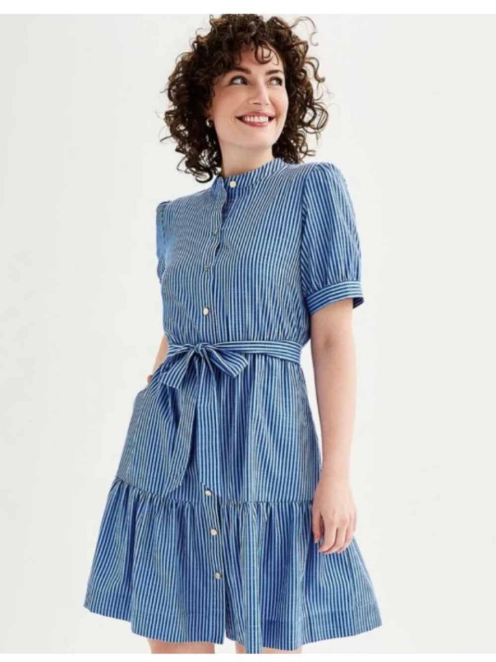Draper James Blue and White Striped Midi Shirt Dress with Tie Waist - Picture 2 of 11